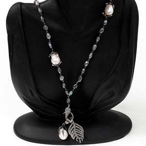 Bohemian Diamond Feather and Baroque Pearl Pendant Silver Necklace