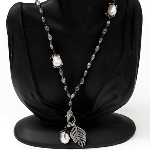 Bohemian Diamond Feather and Baroque Pearl Pendant Silver Necklace