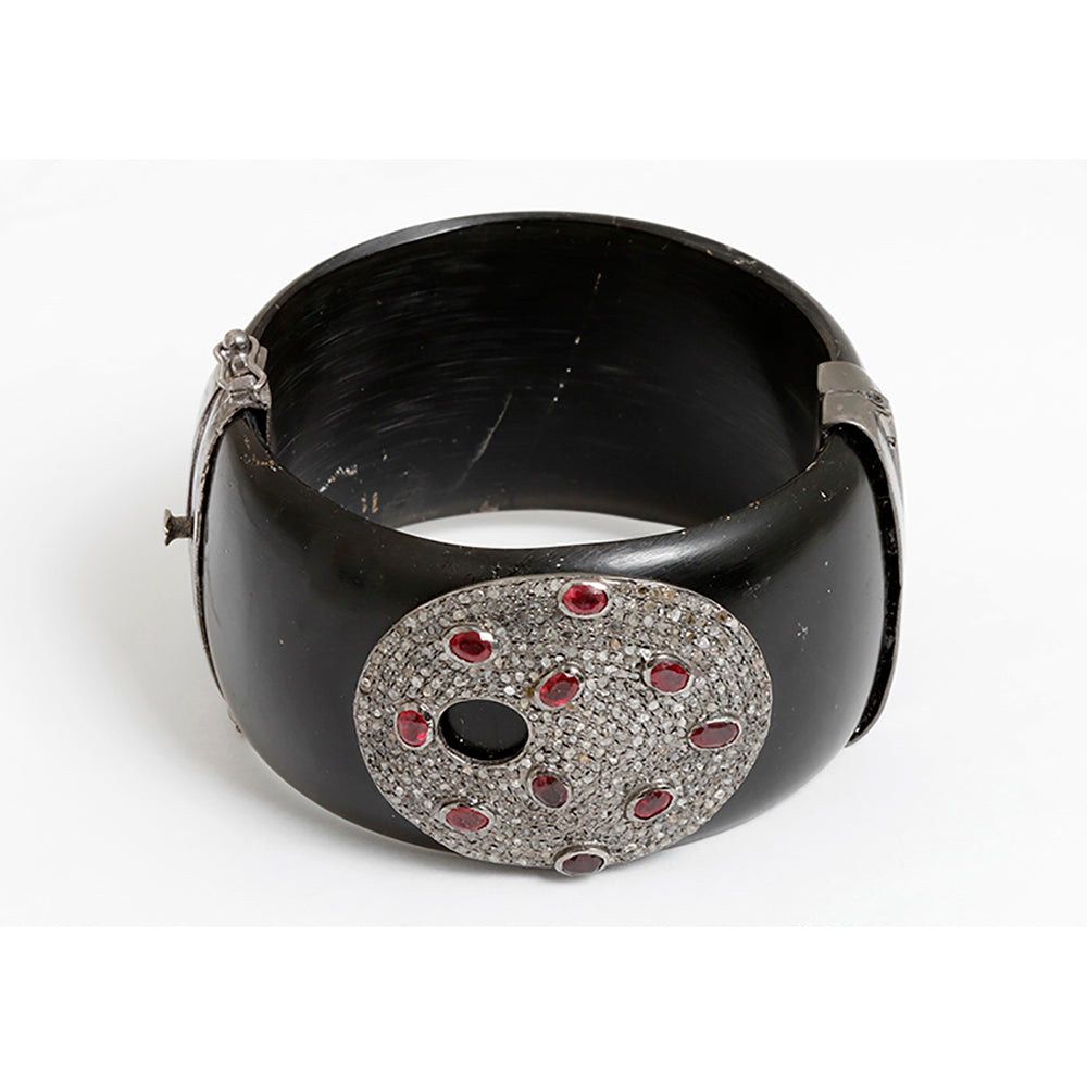 Bakelite, Diamond, & Silver Cuff with Ruby Design
