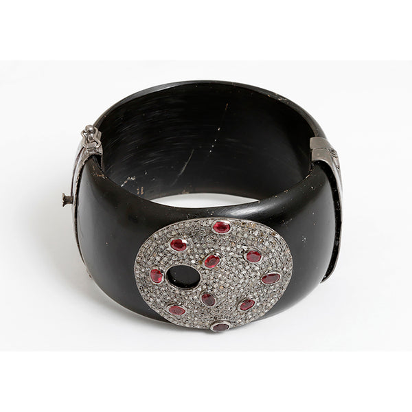 Bakelite, Diamond, & Silver Cuff with Ruby Design