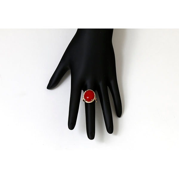 Beautiful 14k Yellow Gold Coral and Diamond Ring Sz. 6-1/4