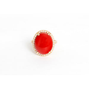 Beautiful 14k Yellow Gold Coral and Diamond Ring Sz. 6-1/4
