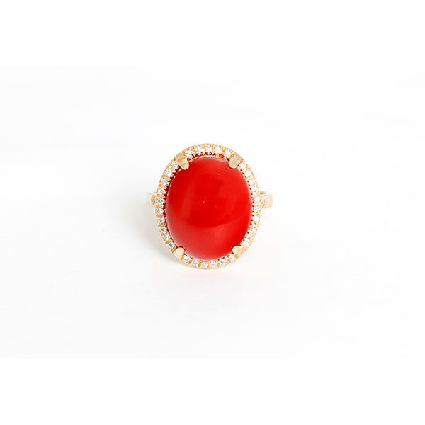 Beautiful 14k Yellow Gold Coral and Diamond Ring Sz. 6-1/4