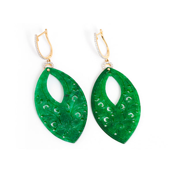 Amazing 18k Yellow Gold Jade and Diamond Dangle Earrings