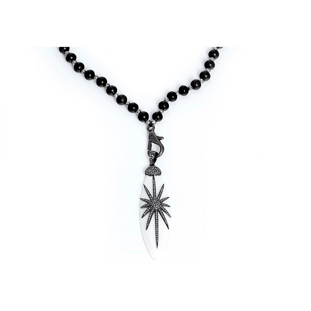 Sterling Silver, Black Diamond, & Wooden Beaded Necklace