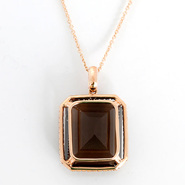 Emerald Cut Smoky Quartz, Diamond, and Rose Gold Necklace