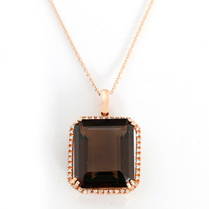 Emerald Cut Smoky Quartz, Diamond, and Rose Gold Necklace