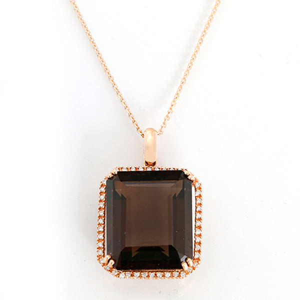 Emerald Cut Smoky Quartz, Diamond, and Rose Gold Necklace