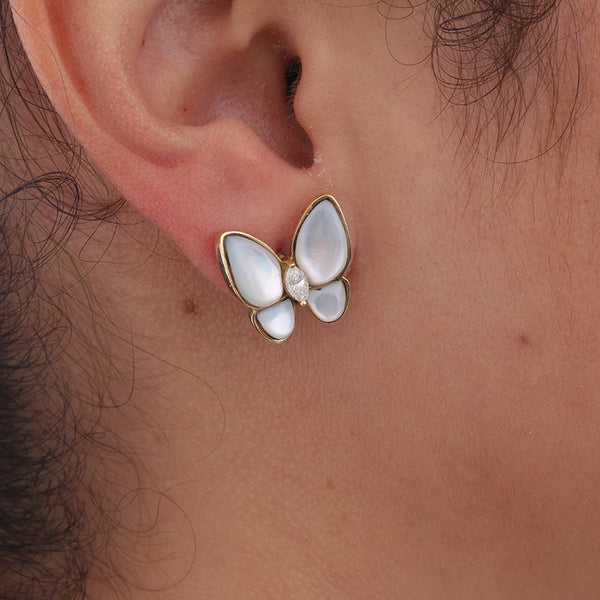 18K Yellow Gold Mother Of Pearl  Diamond Butterfly Earrings