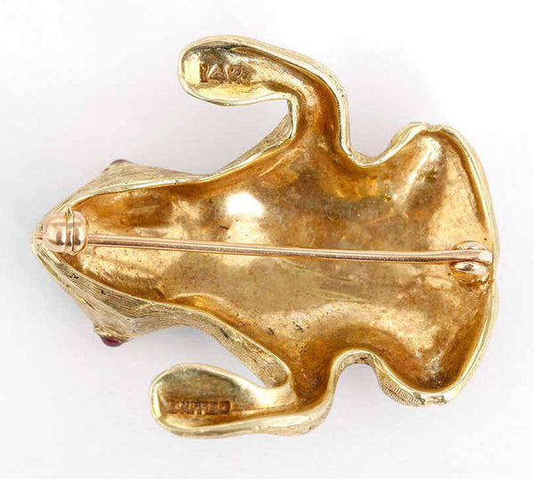Cellin 14K Yellow Gold and Enamel Green Frog Pin Brooch
