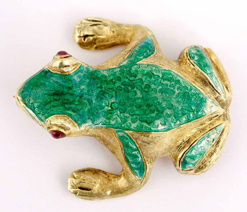 Cellin 14K Yellow Gold and Enamel Green Frog Pin Brooch