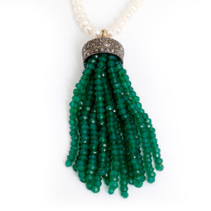 Seed Pearl, Diamond & Emerald Sterling Silver Tassel Necklace