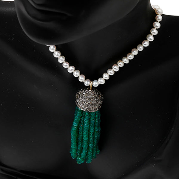 Seed Pearl, Diamond & Emerald Sterling Silver Tassel Necklace