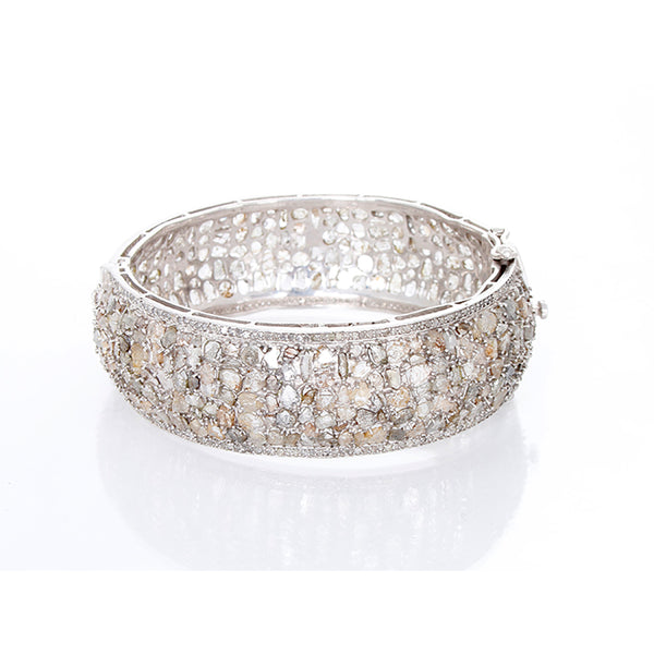 Bohemian Sterling Silver and Natural White Diamond Slice Cuff Bracelet
