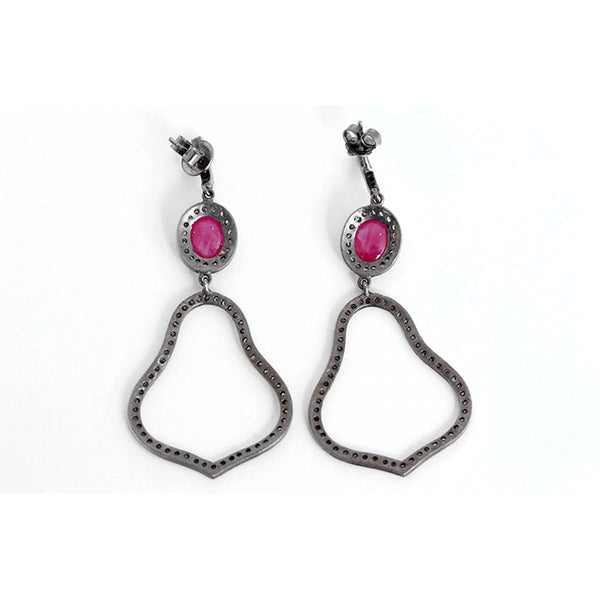 Ruby and Diamond Oxidized Sterling Silver Dangle Earrings