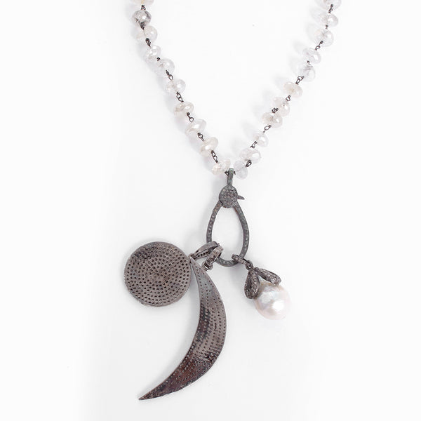 Boho Clear Quartz, Diamond, and Pearl Disc Moon Pendant Necklace