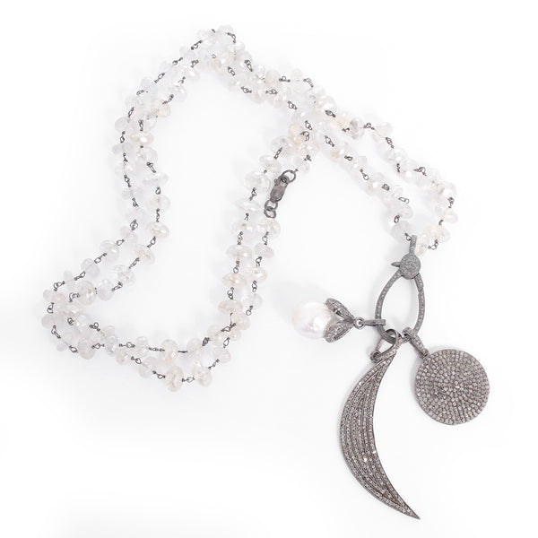 Boho Clear Quartz, Diamond, and Pearl Disc Moon Pendant Necklace