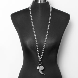 Boho Clear Quartz, Diamond, and Pearl Disc Moon Pendant Necklace