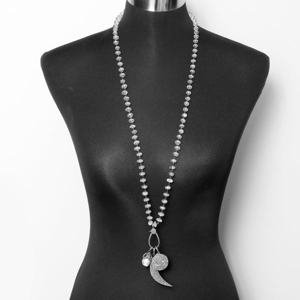 Boho Clear Quartz, Diamond, and Pearl Disc Moon Pendant Necklace