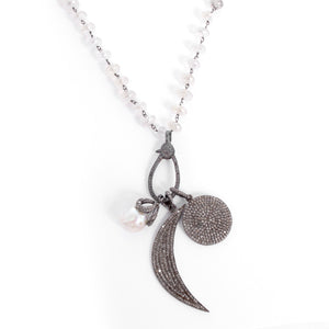 Boho Clear Quartz, Diamond, and Pearl Disc Moon Pendant Necklace