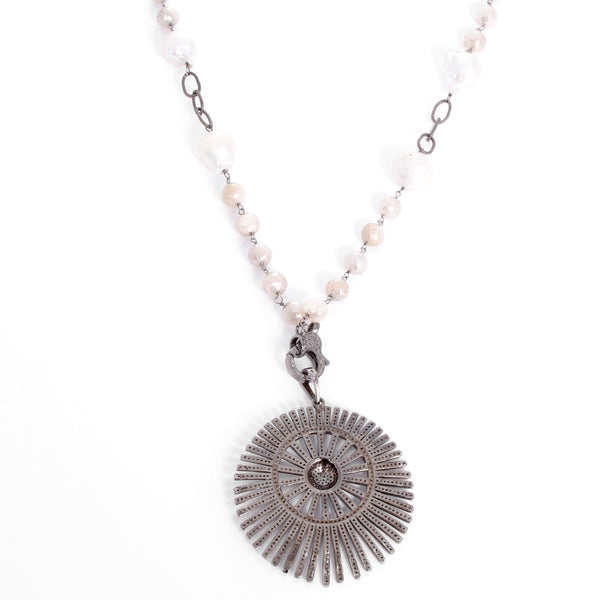 Freshwater Pearl, & Diamond Sunburst Pendant Necklace