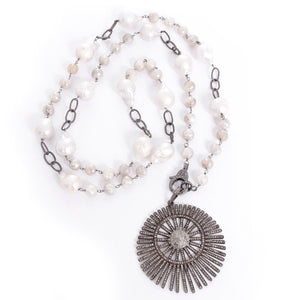 Freshwater Pearl, & Diamond Sunburst Pendant Necklace