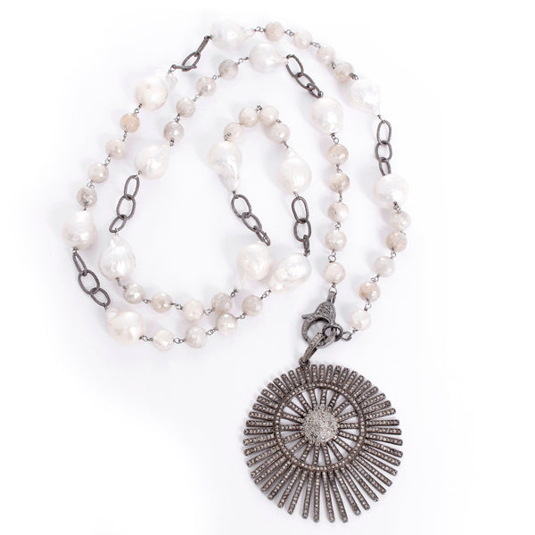Freshwater Pearl, & Diamond Sunburst Pendant Necklace