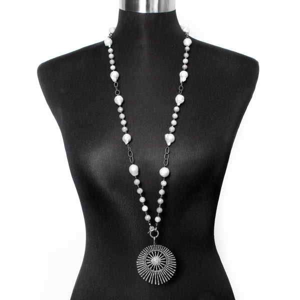 Freshwater Pearl, & Diamond Sunburst Pendant Necklace