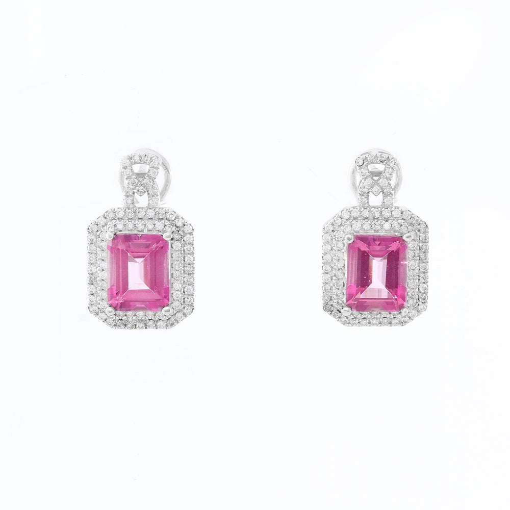 14K White Gold Pink Topaz  Diamond Earrings