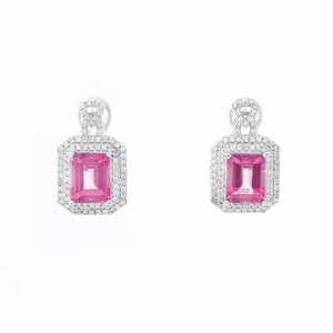 14K White Gold Pink Topaz  Diamond Earrings