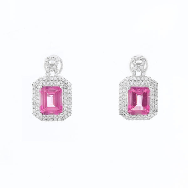 14K White Gold Pink Topaz  Diamond Earrings