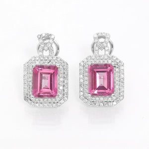 14K White Gold Pink Topaz  Diamond Earrings