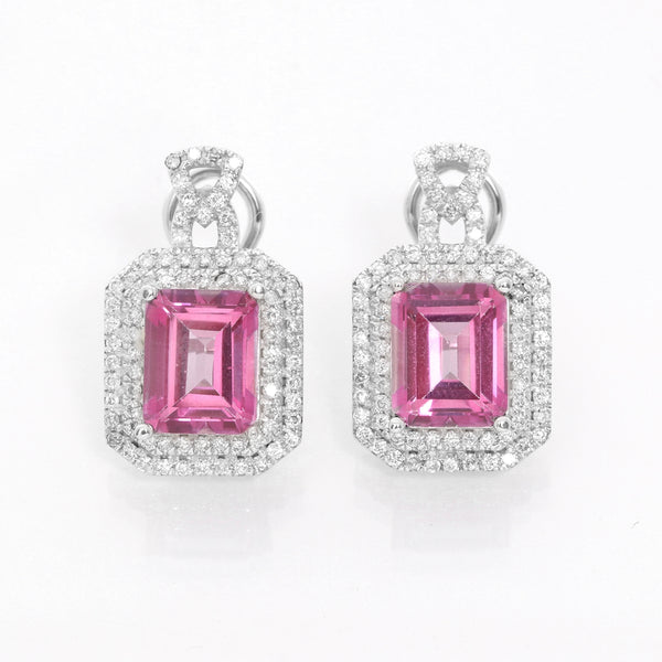 14K White Gold Pink Topaz  Diamond Earrings