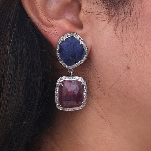 Bohemian Blue Sapphire, Diamond, and Silver Earrings