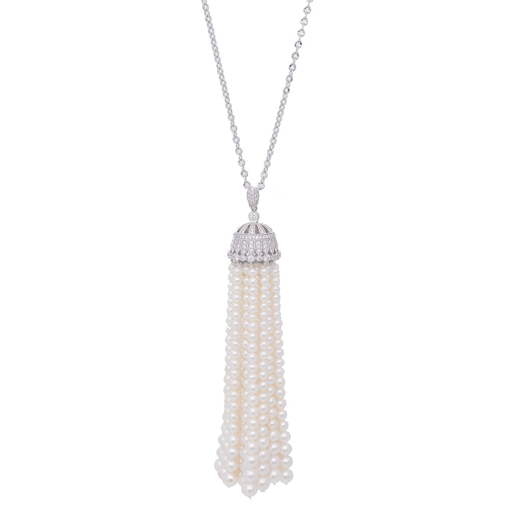 18K White Gold diamond & Pearl Tassels Necklace