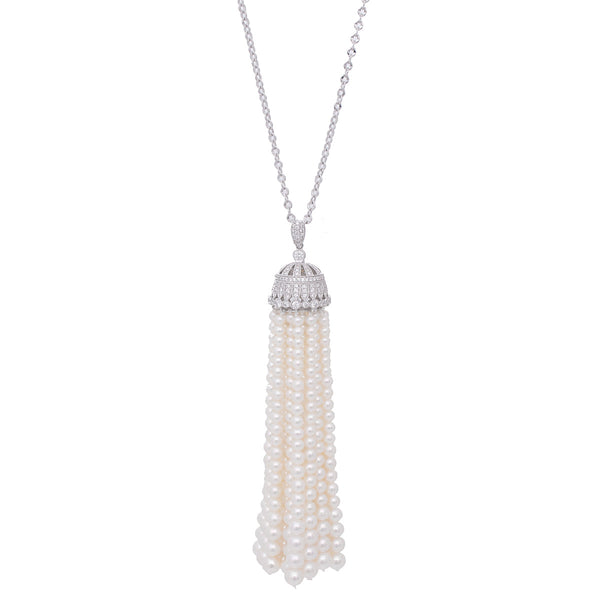 18K White Gold diamond & Pearl Tassels Necklace