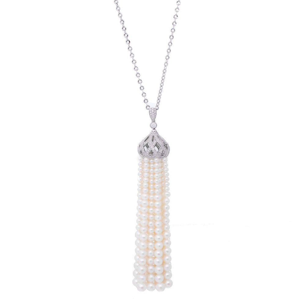 18K White Gold diamond & Pearl Tassel Necklace