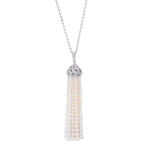 18K White Gold diamond & Pearl Tassel Necklace