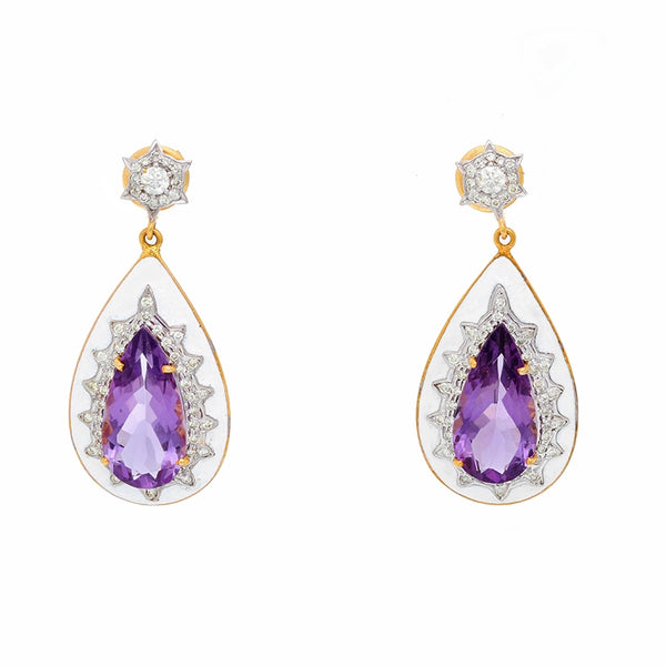 Amethyst, Diamond and Enamel Yellow Gold Earrings