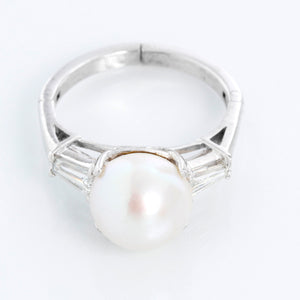 Platinum Pearl and White Gold Diamond Ring