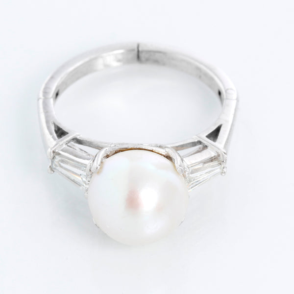 Platinum Pearl and White Gold Diamond Ring