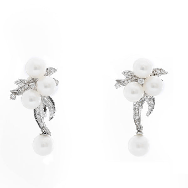 14K White Gold Pearl and Diamond Earrings