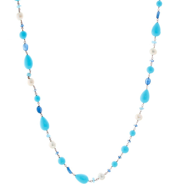 Turquoise, Pearl and Other Stones Sterling Silver Necklace