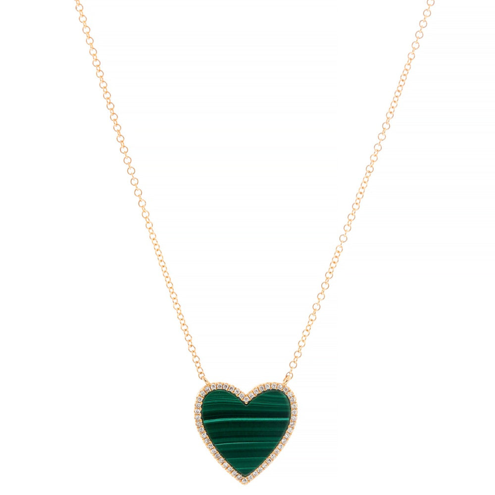 14K Yellow Gold  Malachite & Diamond Heart Necklace