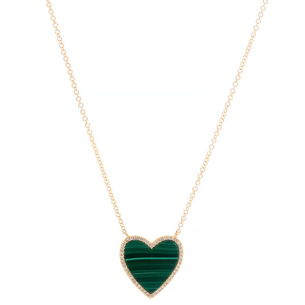 14K Yellow Gold  Malachite & Diamond Heart Necklace
