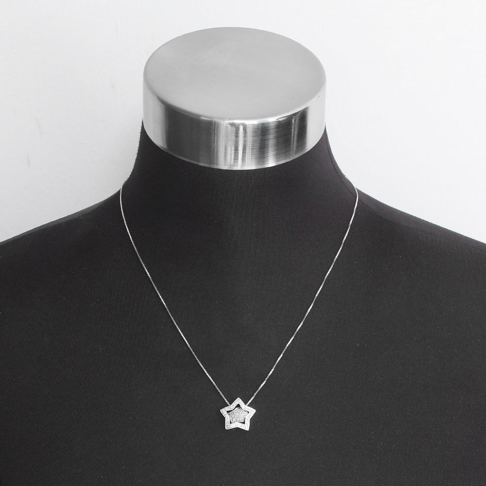 Double Star 14K White Gold Pave Diamond Necklace