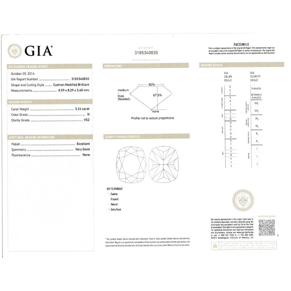 3.24 Carat Cushion Cut Diamond Engagement Ring Size 4.5