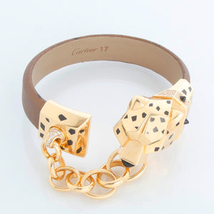 Vintage Cartier 18K Yellow Gold Panthere Head With Chain Silk Bracelet Bracelet Size 17