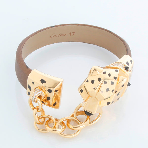 Vintage Cartier 18K Yellow Gold Panthere Head With Chain Silk Bracelet Bracelet Size 17