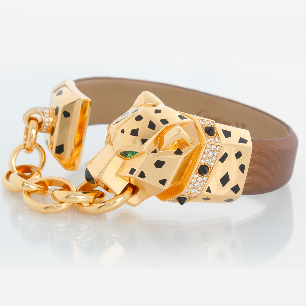 Vintage Cartier 18K Yellow Gold Panthere Head With Chain Silk Bracelet Bracelet Size 17